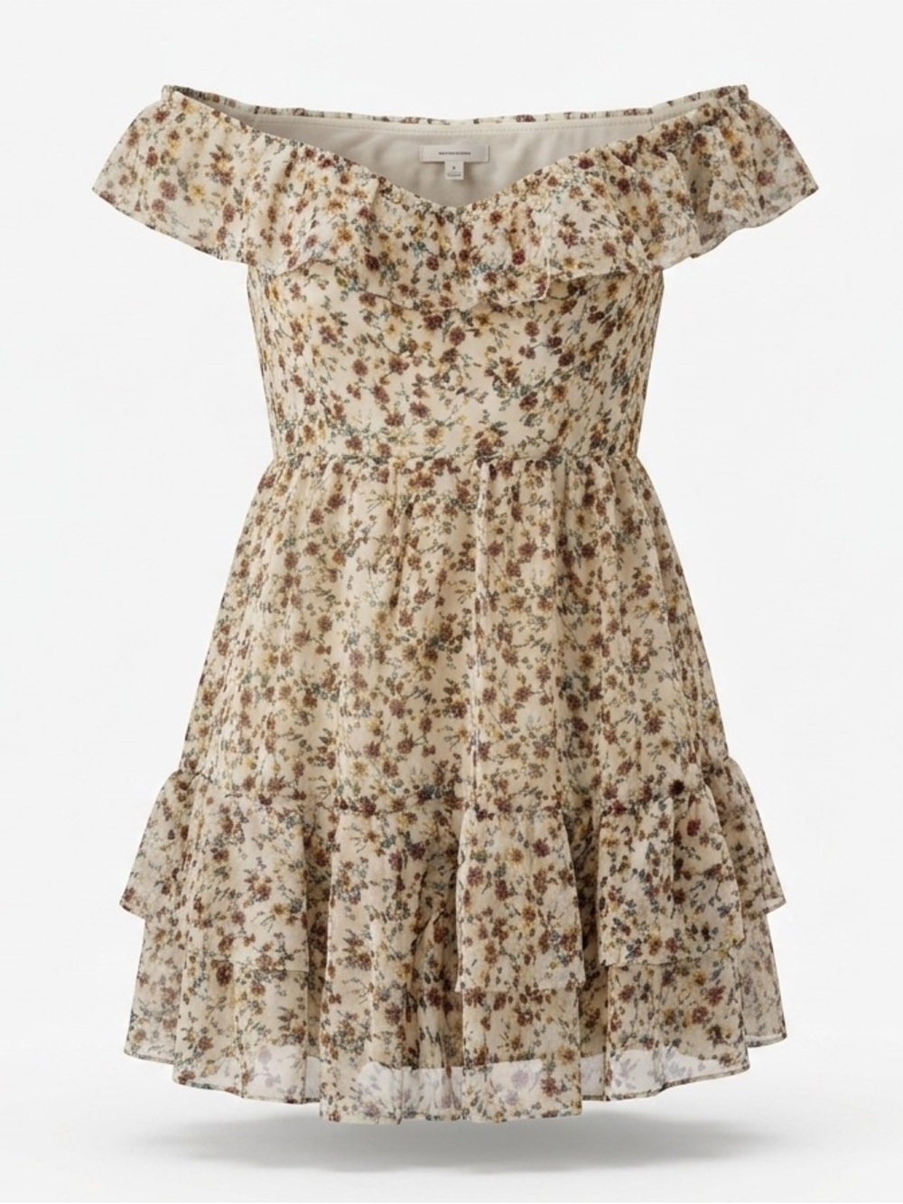 Lulu’s brown and cream floral off shoulder mini dress women’s size Large